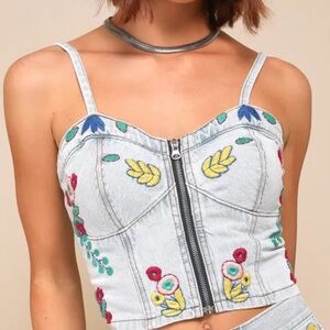 NWT Blank NYC reeve picnic date Embroidered Denim crop top